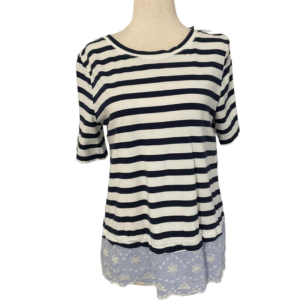 Sanctuary Blue & White Striped Eyelet Short Sleeve Top Women's Sz Medium | 47-25